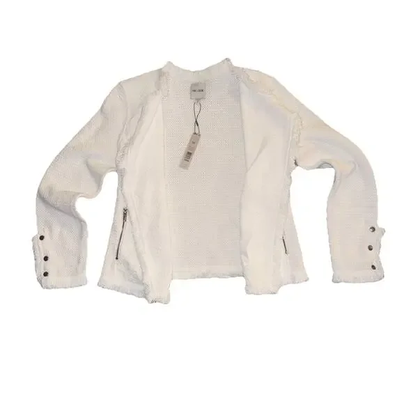 NIC + ZOE White Fringe Knit Jacket Open Front Zip Pockets Size M NWT - Picture 2 of 8